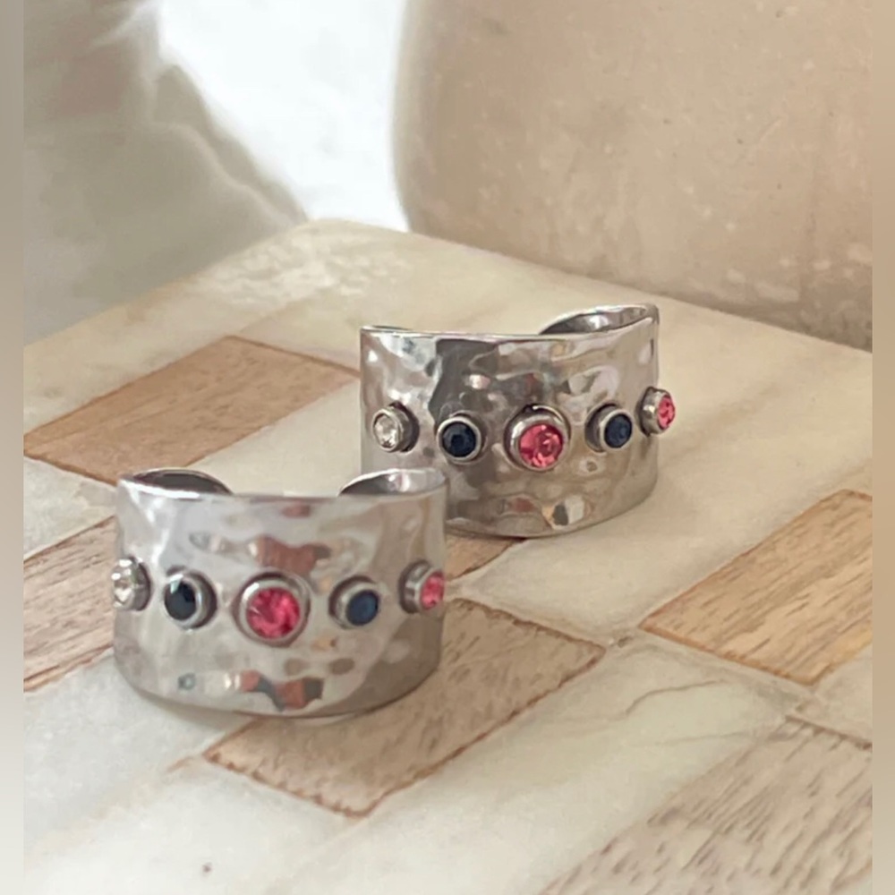 New Free People Silver Textured Open Cuff Cubic Zirconia Statement Ring - Picture 10 of 16